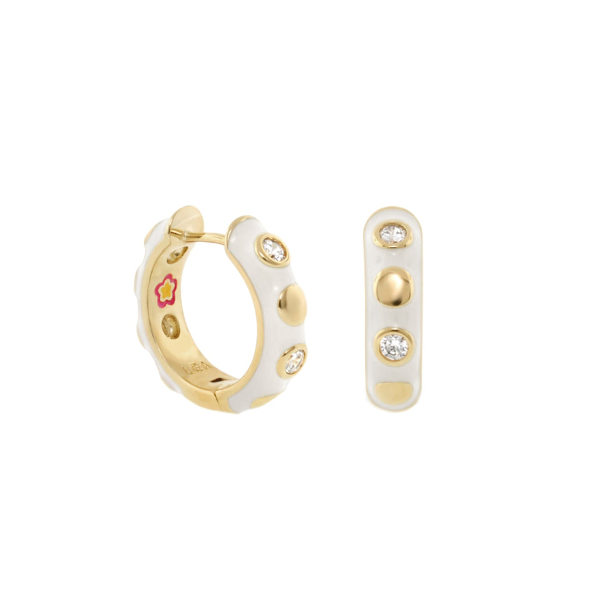 Stackable Fiesta Dot Huggie Earrings by Lauren G Adams, gold-tone hoops with white enamel on Tampa Home & Garden Store