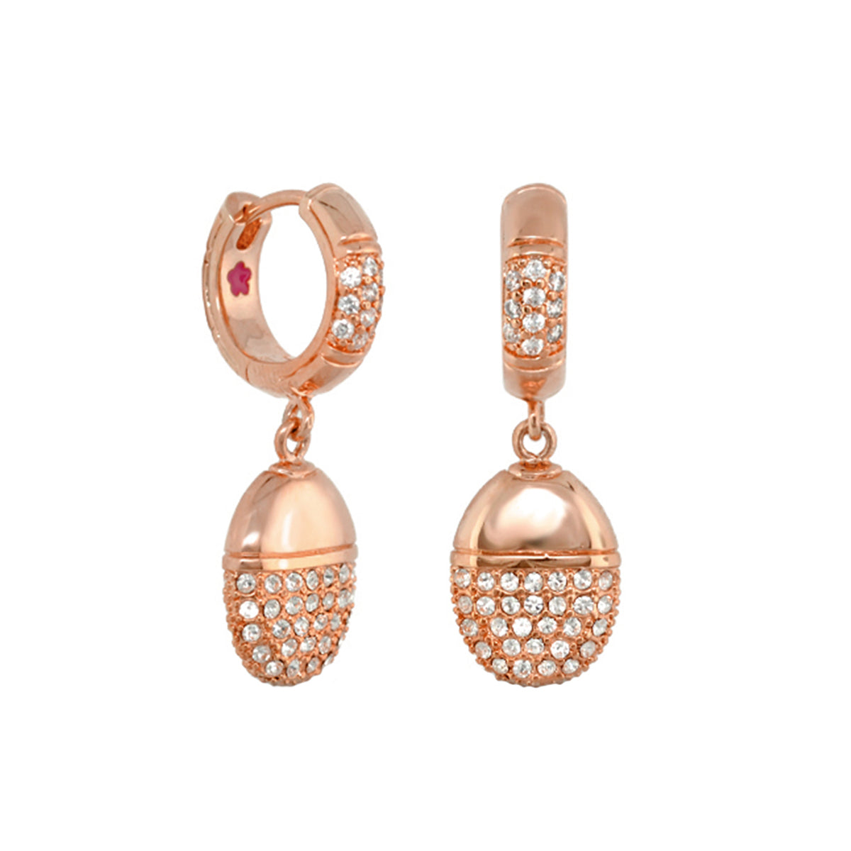 Classic Charm Earrings, rose gold-tone hoops with crystal-studded dangling spheres on Tampa Home & Garden Store
