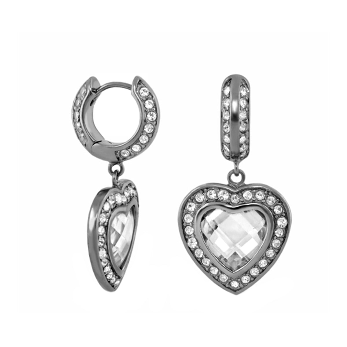 Classic charm heart earrings in silver-tone with crystal halo and heart pendant hoop drops on Tampa Home & Garden Store