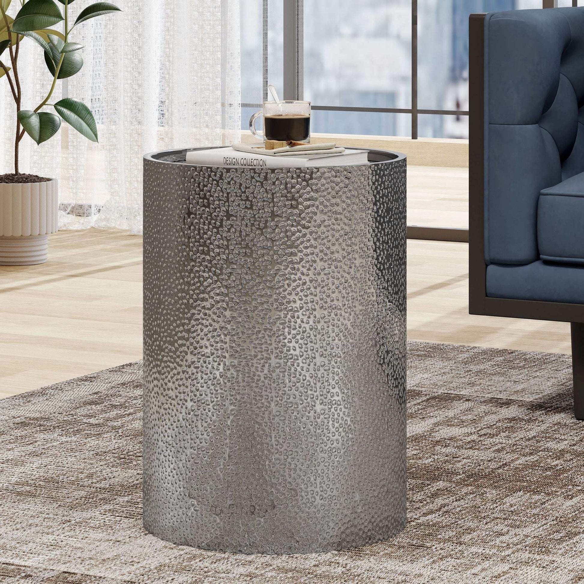 Modern Round Accent Table With Hammered Surface hammered metal finish in dark gray on Tampa Home & Garden Store