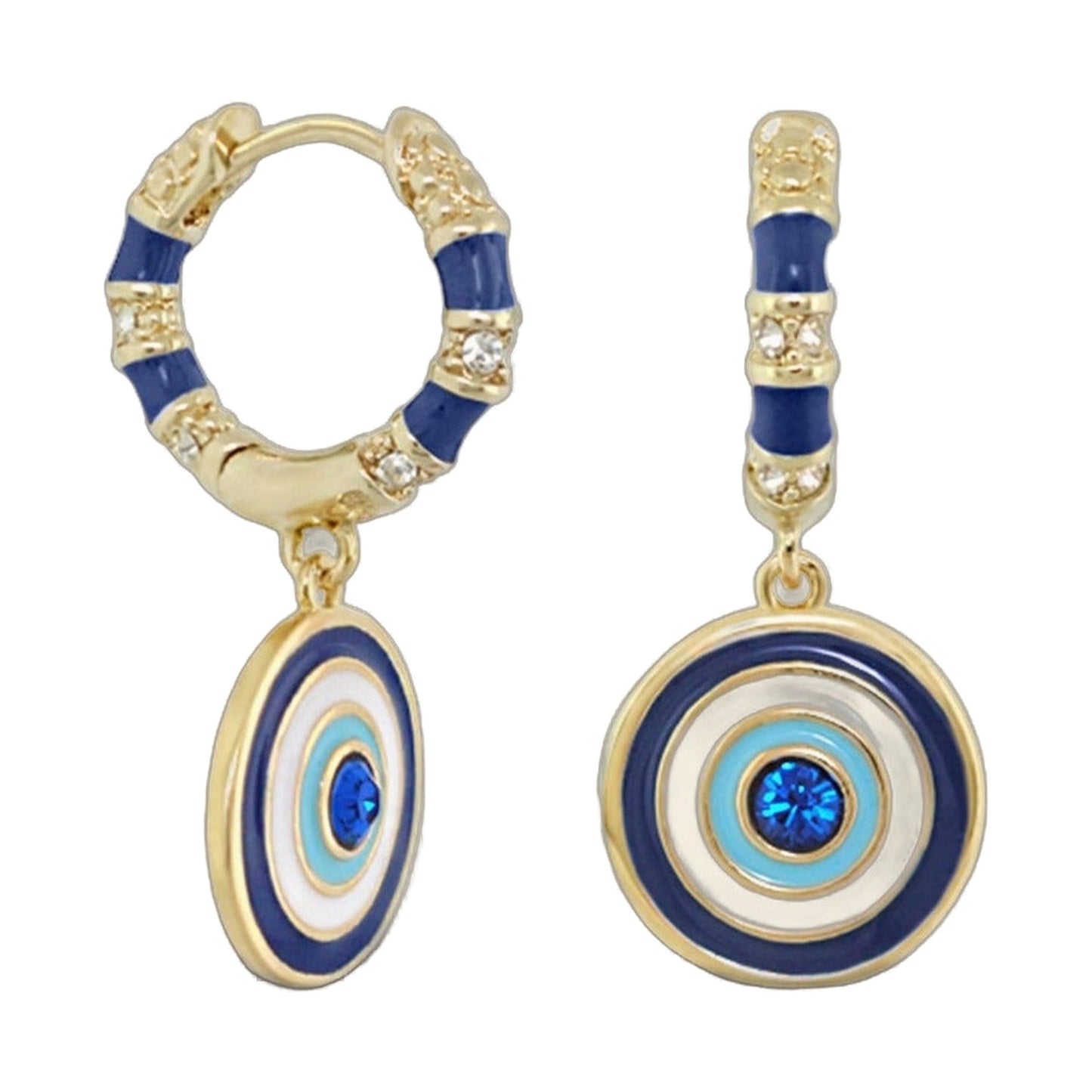Evil Eye Dangle Earrings pair by Lauren G Adams, gold-tone blue enamel and crystal accents on Tampa Home & Garden Store
