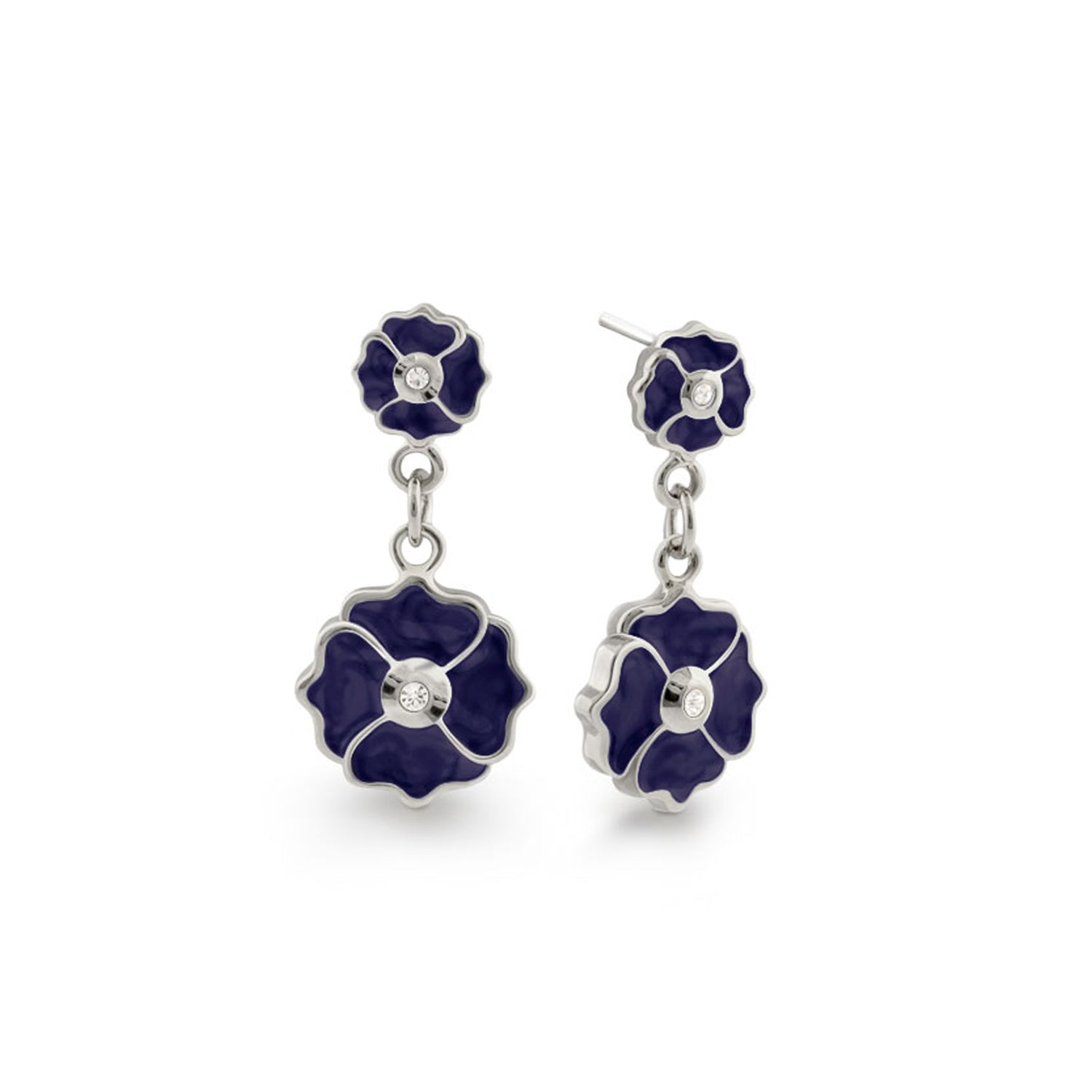 Poppy Love Earrings pair by Lauren G Adams, purple enamel floral drops with crystal, silver on Tampa Home & Garden Store