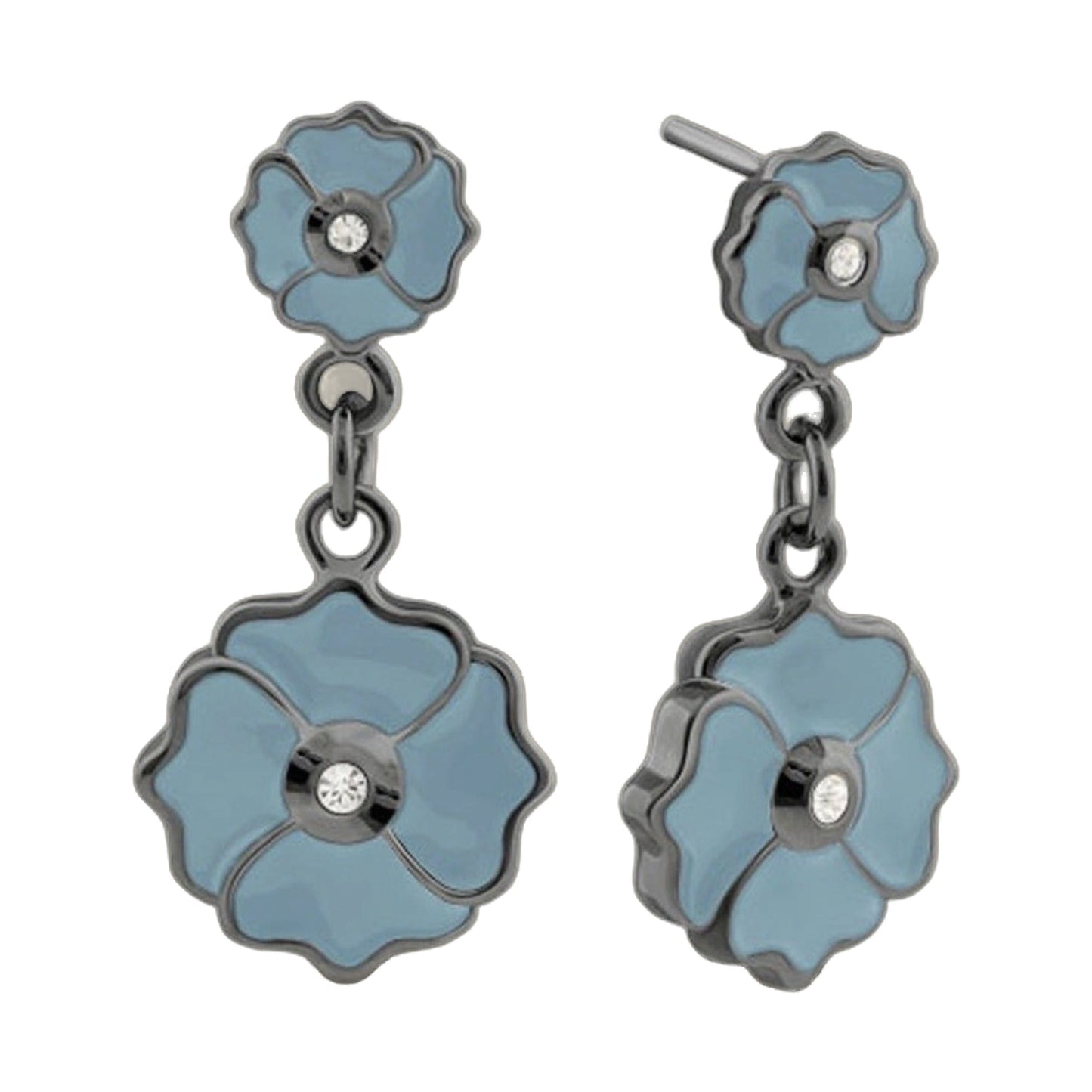 Poppy Love Earring blue enamel flower with crystal center and dangling chain on Tampa Home & Garden Store