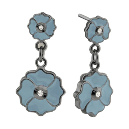 Poppy Love Earring blue enamel flower with crystal center and dangling chain on Tampa Home & Garden Store