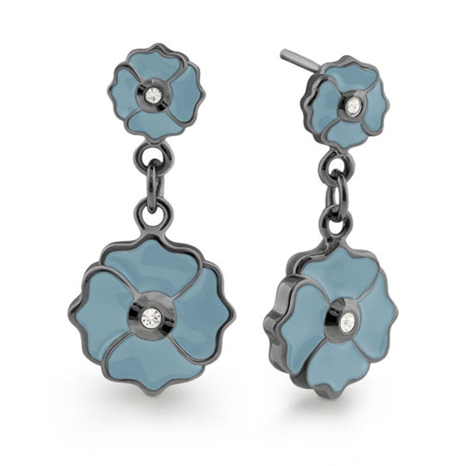 Poppy Love Earrings by Lauren G Adams, blue enamel flower drop with crystal centers on Tampa Home & Garden Store