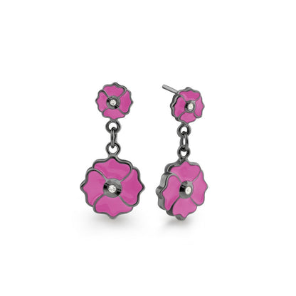 Poppy Love Earrings by Lauren G Adams: pink enamel poppies in gunmetal with crystals, drop pair on Tampa Home & Garden Store
