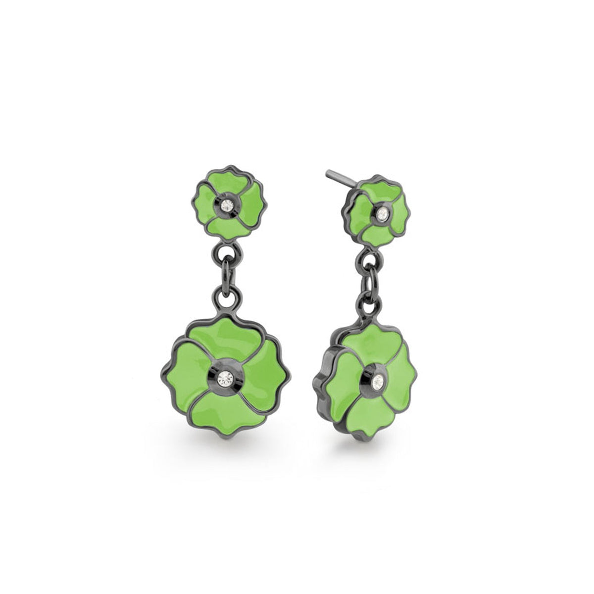 Poppy Love Earring pair in lime green enamel with crystal centers, Lauren G Adams earrings on Tampa Home & Garden Store