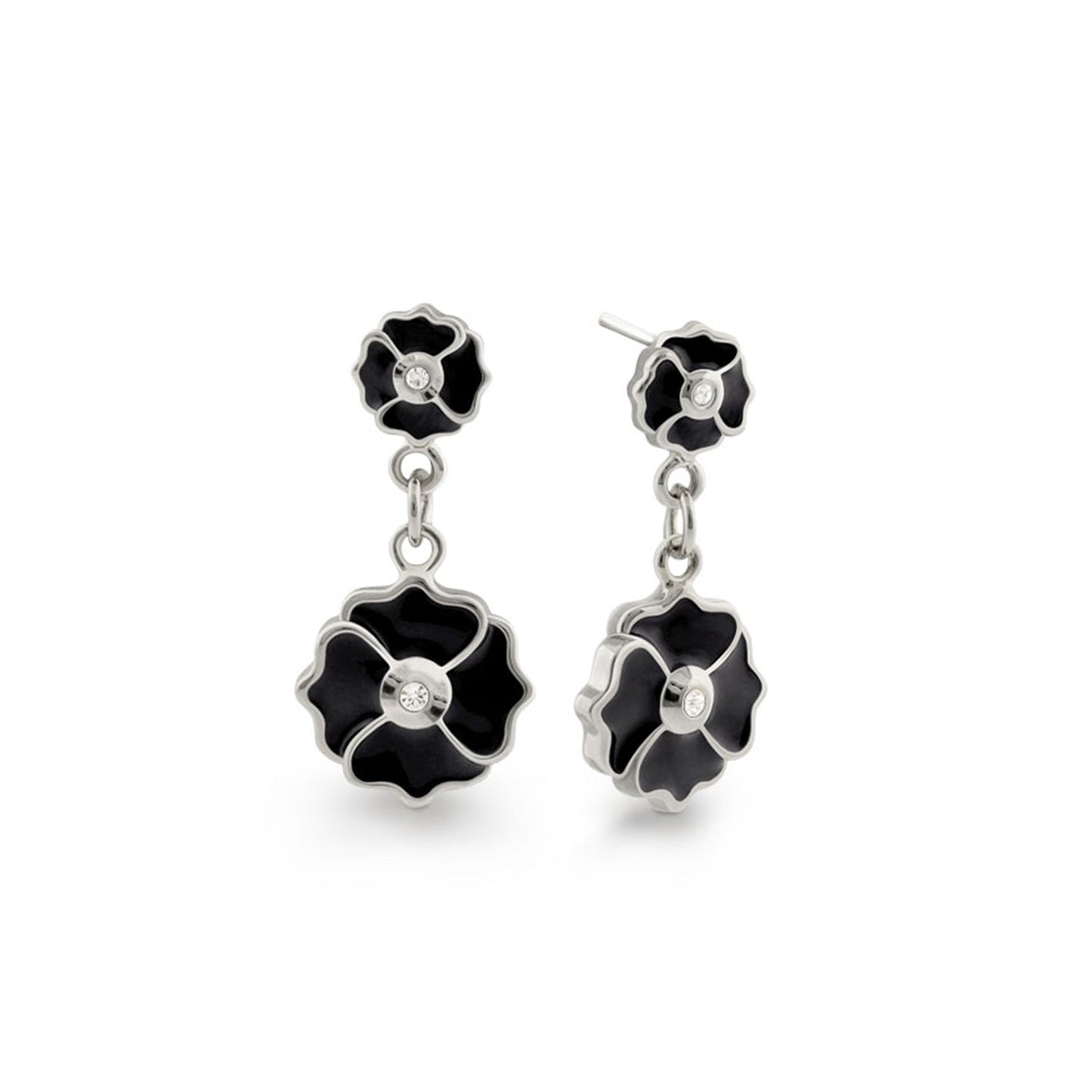 Poppy Love Earrings by Lauren G Adams, black enamel flower drops with silver-tone settings on Tampa Home & Garden Store