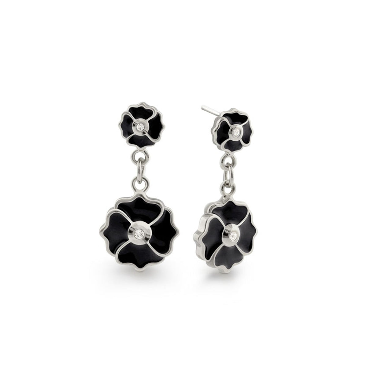 Poppy Love Earrings by Lauren G Adams, black enamel flower drops with silver-tone settings on Tampa Home & Garden Store