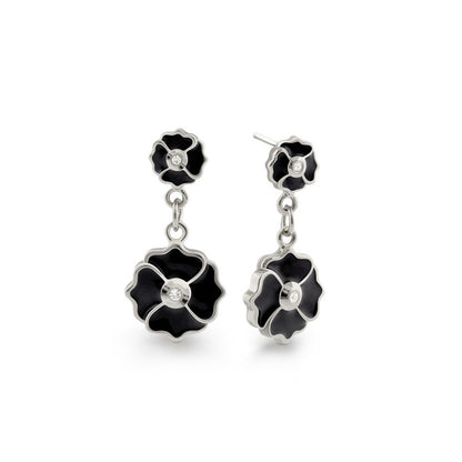 Poppy Love Earrings by Lauren G Adams, black enamel flower drops with silver-tone settings on Tampa Home & Garden Store