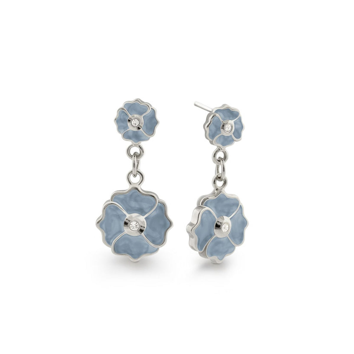 Poppy Love Earring pair featuring blue enamel flowers with silver edges and crystal centers on Tampa Home & Garden Store