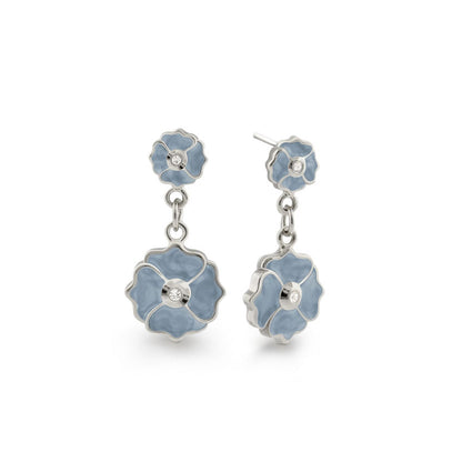 Poppy Love Earring pair featuring blue enamel flowers with silver edges and crystal centers on Tampa Home & Garden Store