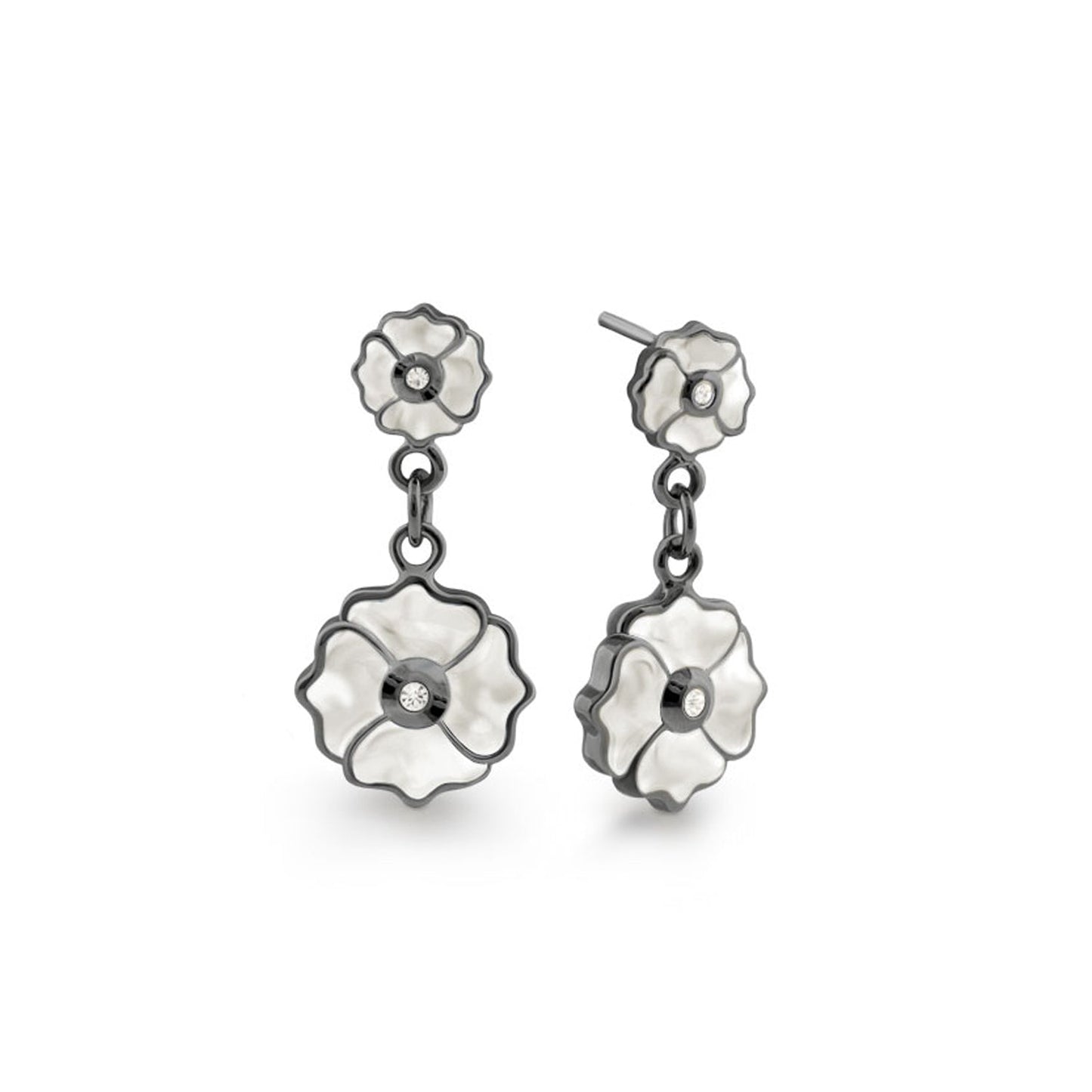 Poppy Love Earrings pair by Lauren G Adams; enamel flowers with gunmetal edges and crystal center on Tampa Home & Garden Store