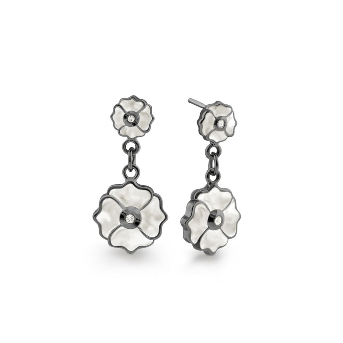 Poppy Love Earrings pair by Lauren G Adams; enamel flowers with gunmetal edges and crystal center on Tampa Home & Garden Store