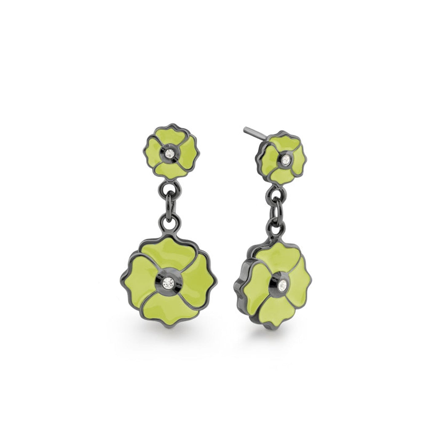 Poppy Love Earring, lime green enamel flower drops with crystal center, pair on Tampa Home & Garden Store