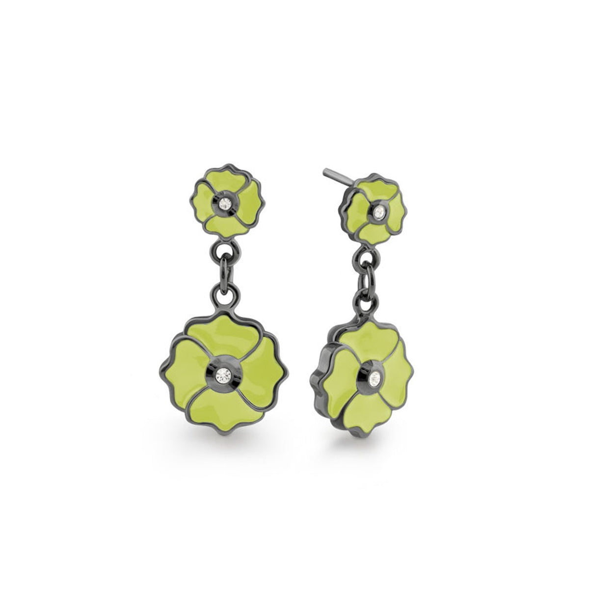 Poppy Love Earring, lime green enamel flower drops with crystal center, pair on Tampa Home & Garden Store