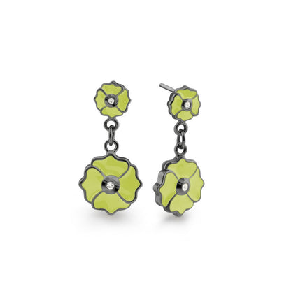 Poppy Love Earring, lime green enamel flower drops with crystal center, pair on Tampa Home & Garden Store