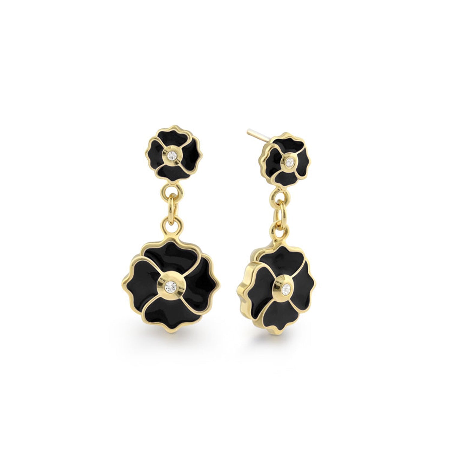 Poppy Love Earrings by Lauren G Adams, gold-tone floral drop with black enamel petals on Tampa Home & Garden Store