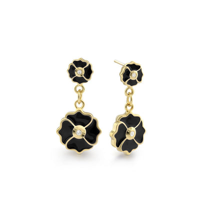 Poppy Love Earrings by Lauren G Adams, gold-tone floral drop with black enamel petals on Tampa Home & Garden Store