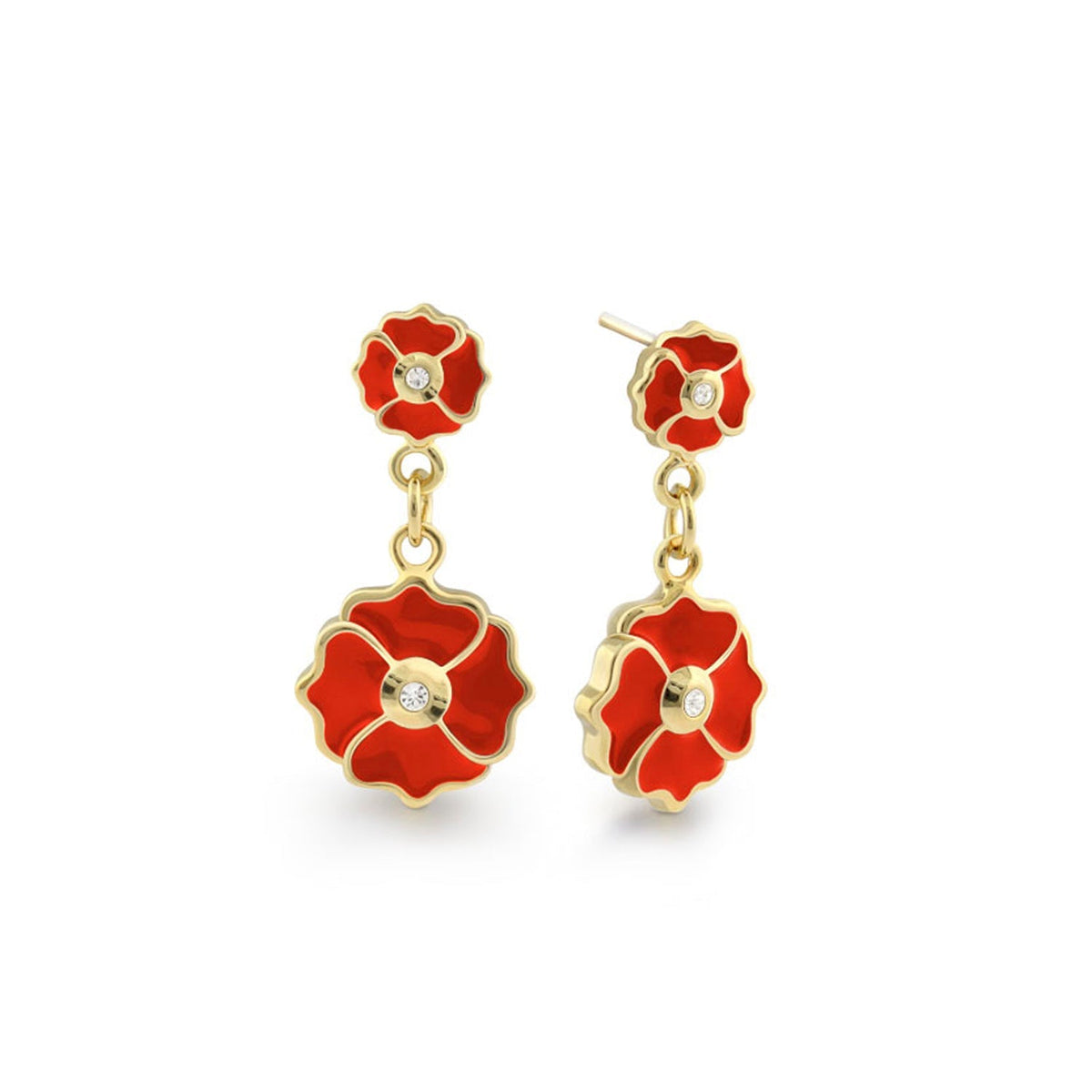 Poppy Love Earrings by Lauren G Adams, red enamel with gold-tone edges and crystal centers on Tampa Home & Garden Store