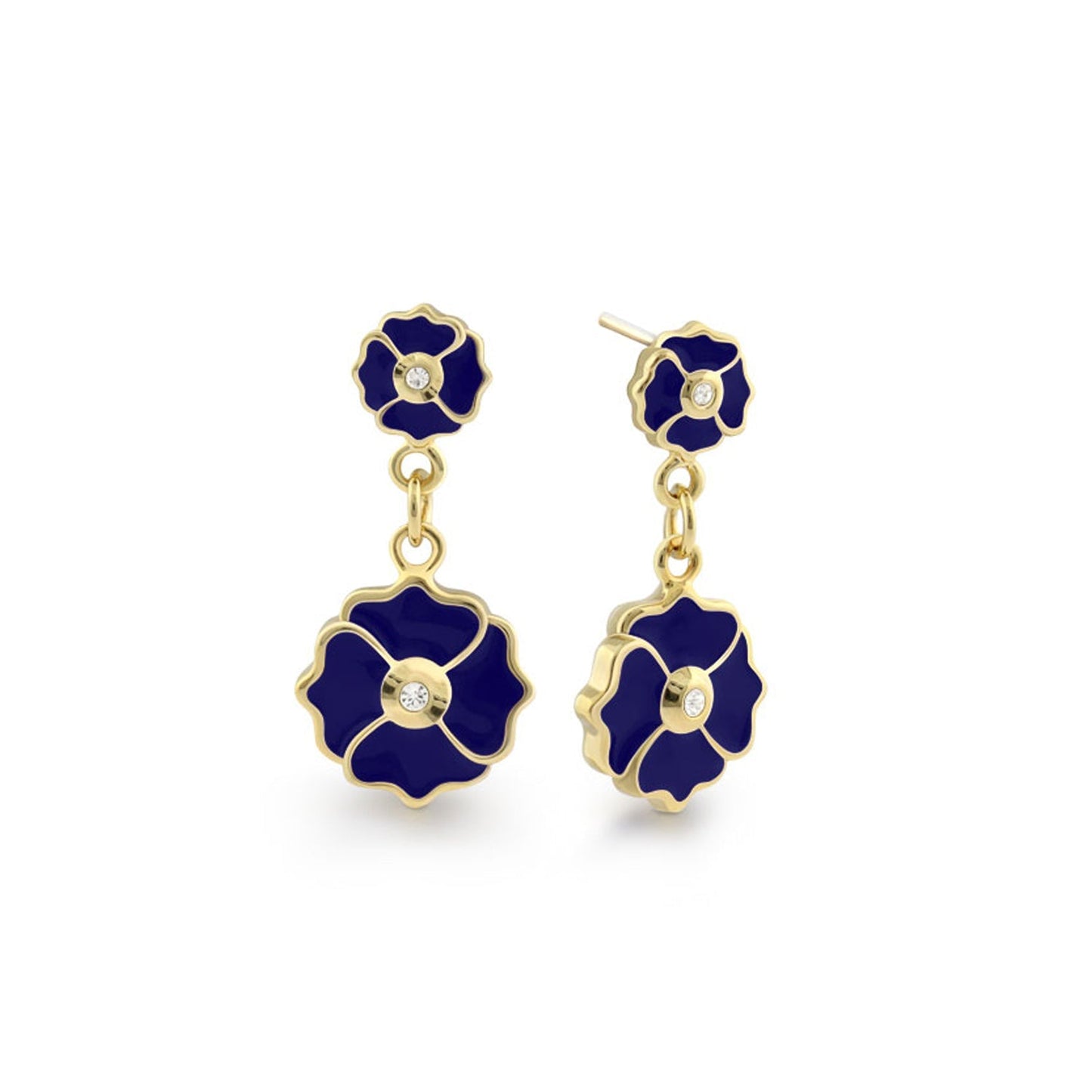 Poppy Love Earring, gold-tone with navy enamel flowers and crystal centers, double drop on Tampa Home & Garden Store
