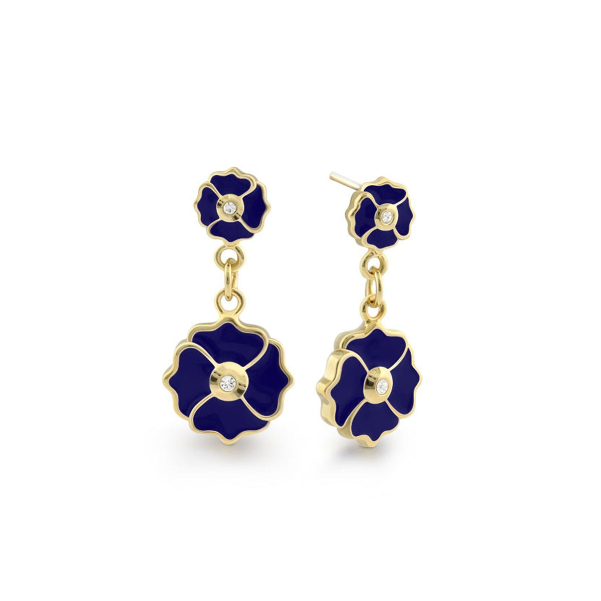 Poppy Love Earring, gold-tone with navy enamel flowers and crystal centers, double drop on Tampa Home & Garden Store