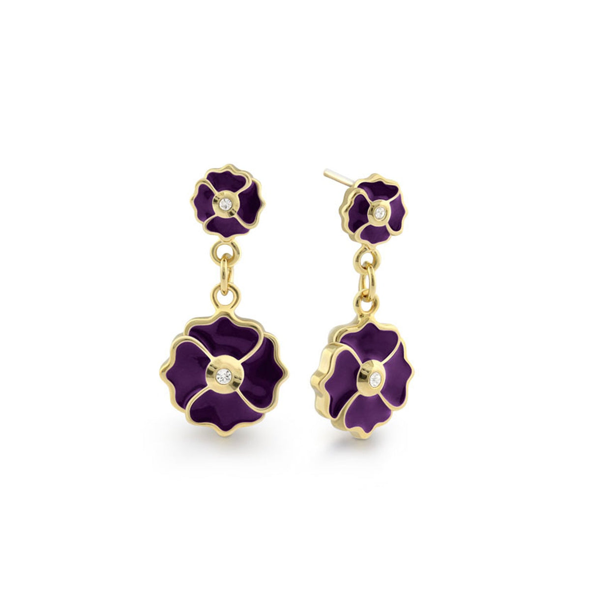 Poppy Love Earring pair purple enamel gold-tone flower with crystal centers, Lauren G Adams on Tampa Home & Garden Store