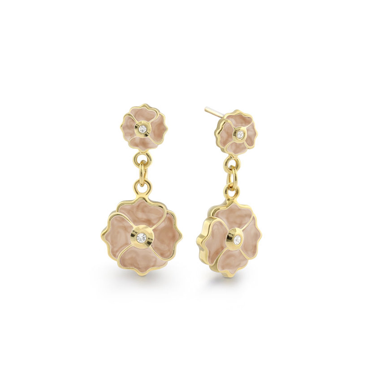 Poppy Love Earring pair, gold-tone pink flower drops with crystals, by Lauren G Adams on Tampa Home & Garden Store
