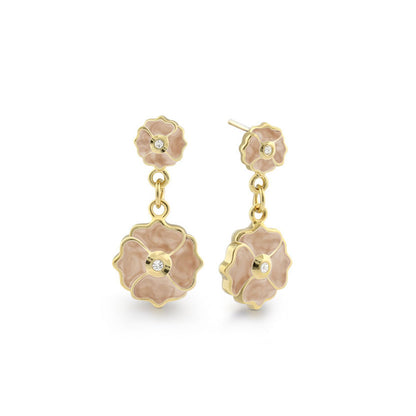 Poppy Love Earring pair, gold-tone pink flower drops with crystals, by Lauren G Adams on Tampa Home & Garden Store