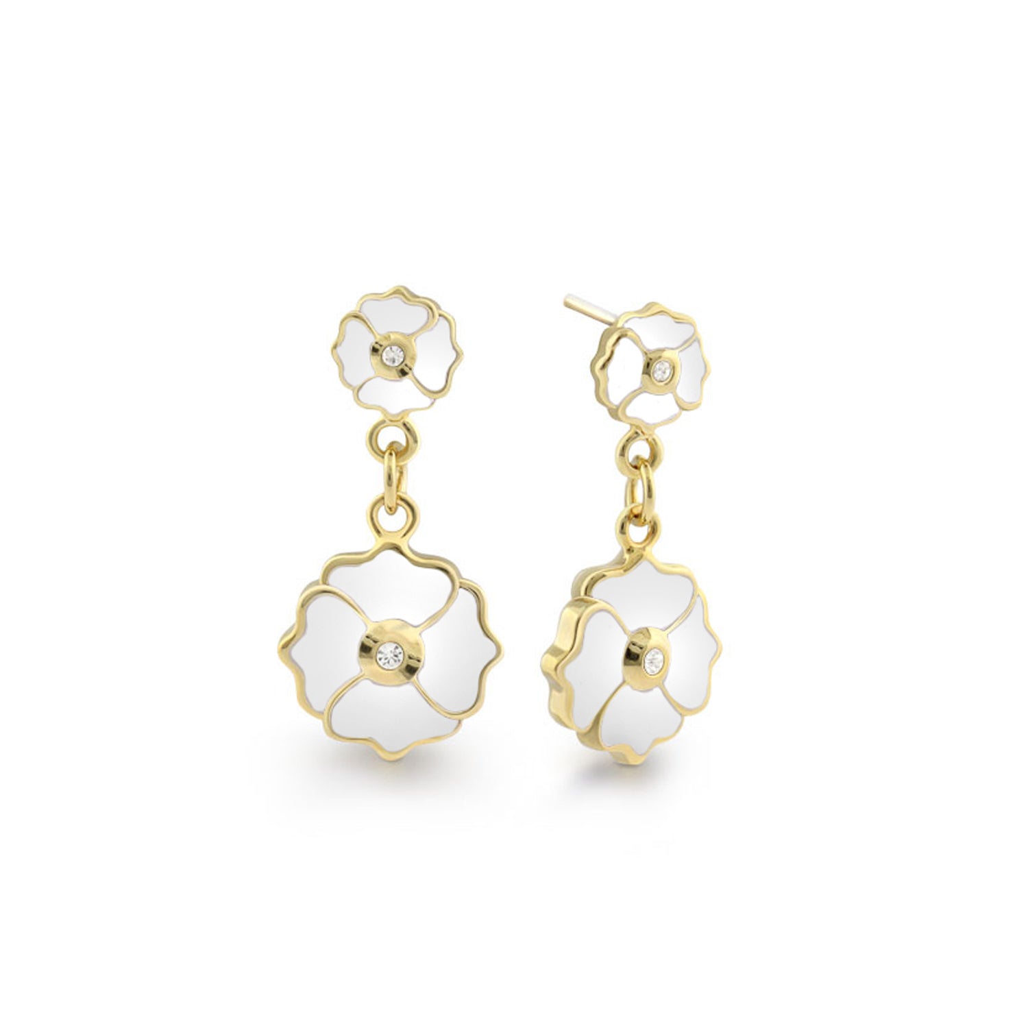 Poppy Love earrings by Lauren G Adams, gold-tone flower drop earrings with white enamel petals on Tampa Home & Garden Store
