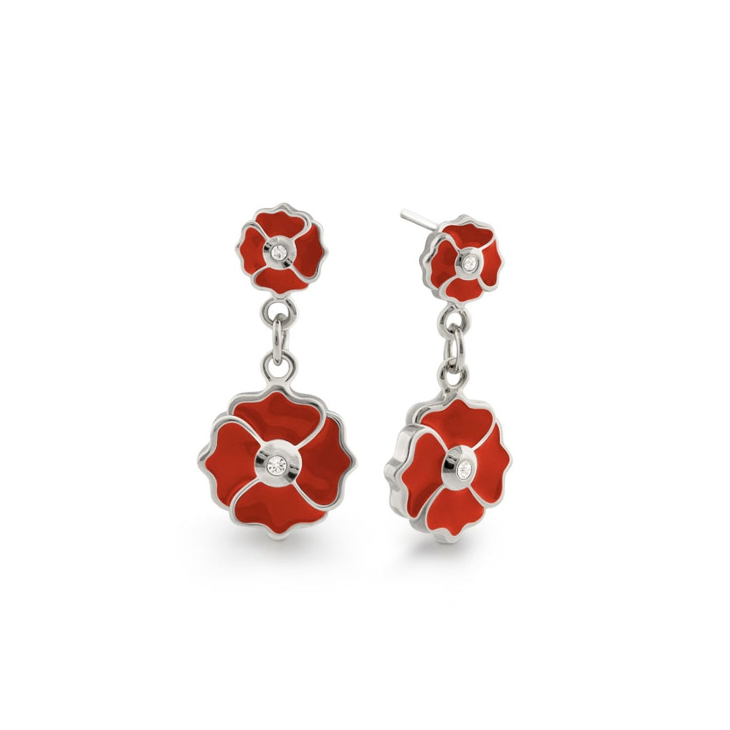 Poppy Love Earrings pair of red enamel flower drops with silver-tone edges and crystal centers on Tampa Home & Garden Store
