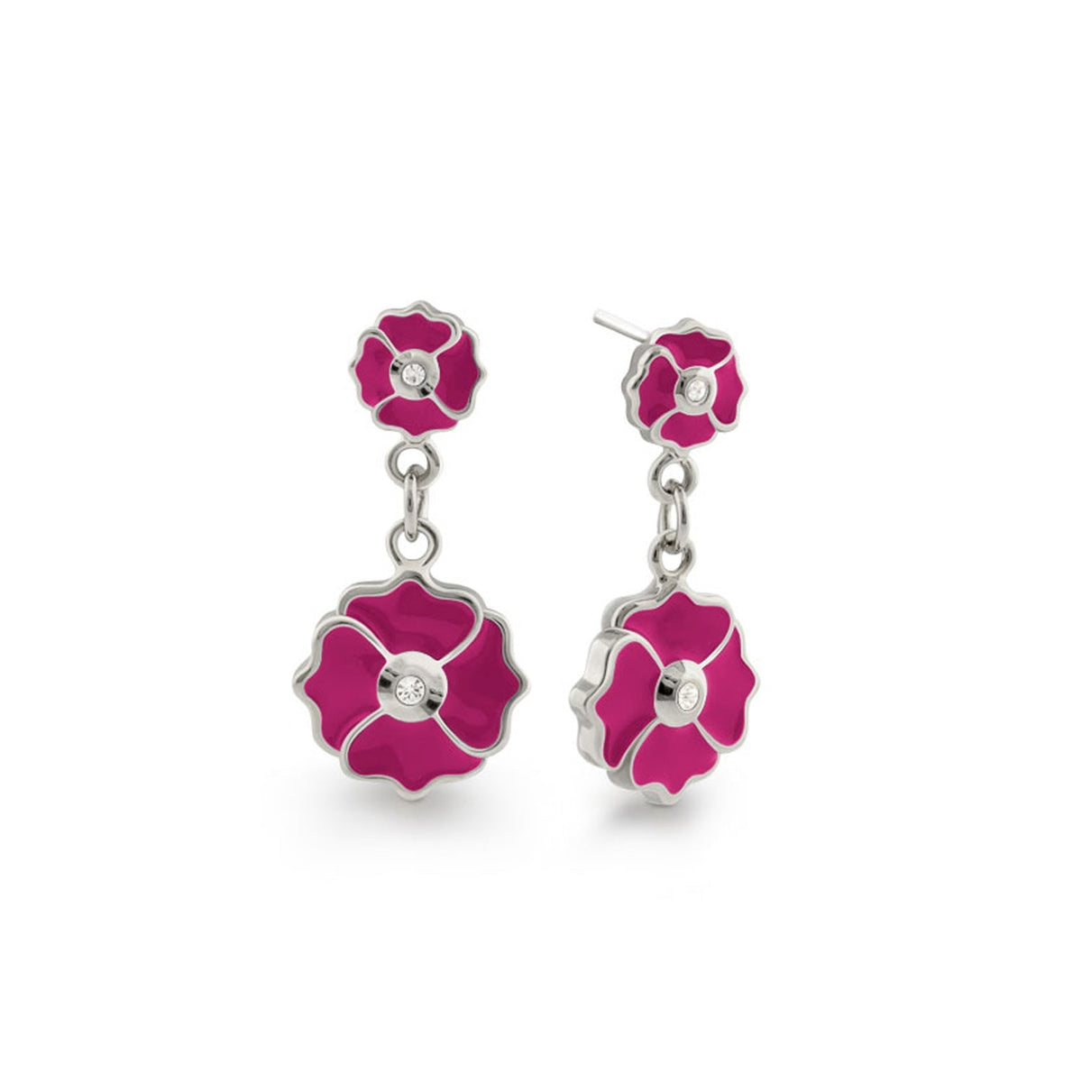 Poppy Love earrings; pink enamel poppy flowers with silver frames and crystal centers, pair on Tampa Home & Garden Store
