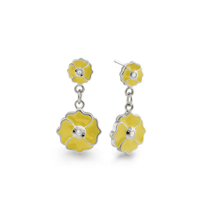 Poppy Love Earring pair by Lauren G Adams, yellow enamel floral drops with silver-tone borders on Tampa Home & Garden Store