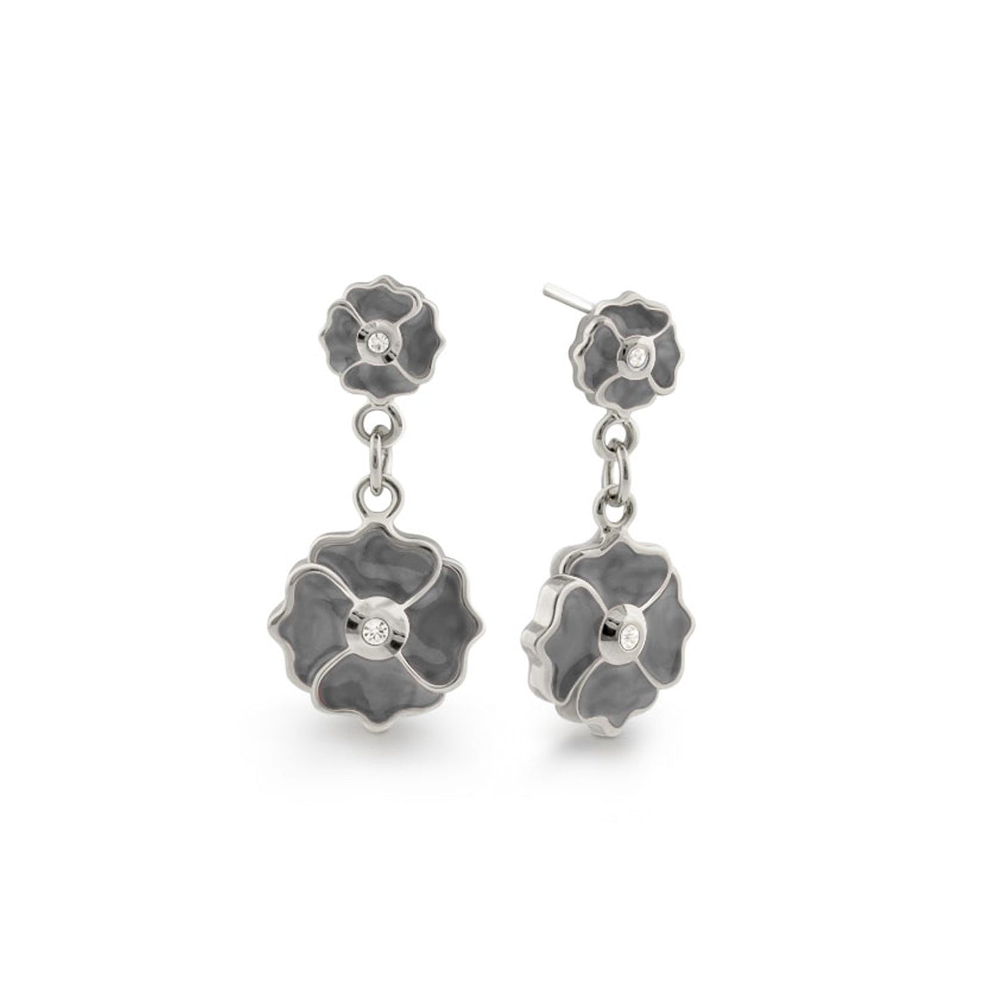 Poppy Love Earring pair by Lauren G Adams, silver floral drop with gray petals on Tampa Home & Garden Store
