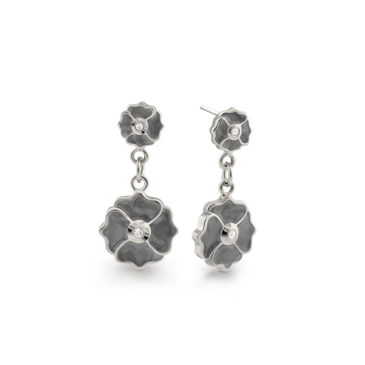 Poppy Love Earring pair by Lauren G Adams, silver floral drop with gray petals on Tampa Home & Garden Store