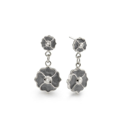 Poppy Love Earring pair by Lauren G Adams, silver floral drop with gray petals on Tampa Home & Garden Store