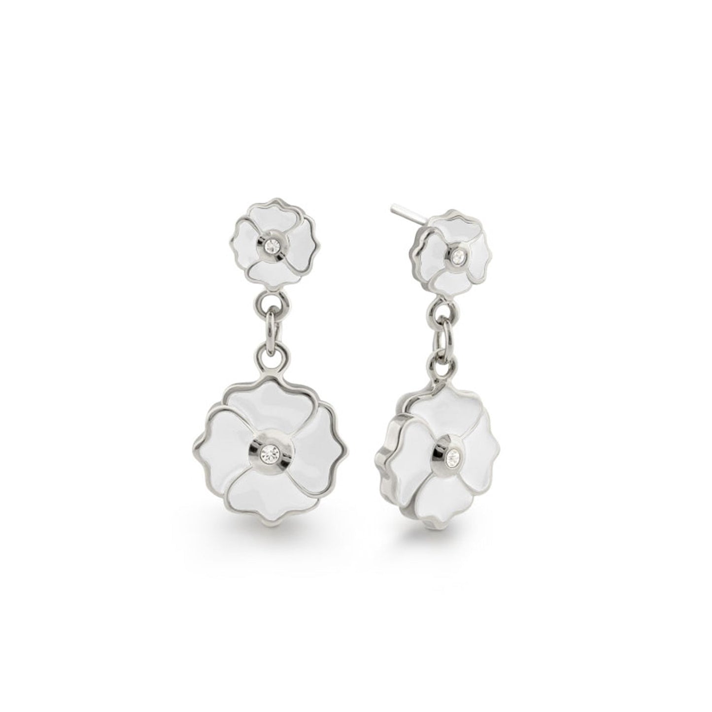 Poppy Love Earrings silver-tone with white enamel flowers and crystal centers on Tampa Home & Garden Store
