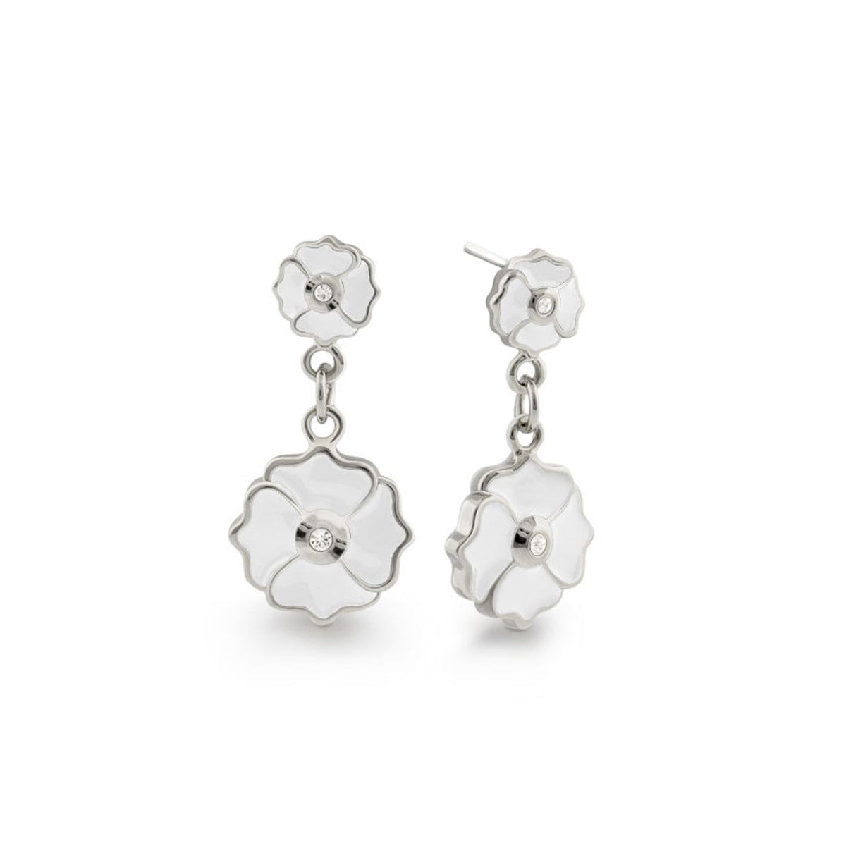 Poppy Love Earrings silver-tone with white enamel flowers and crystal centers on Tampa Home & Garden Store