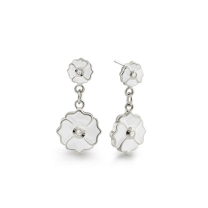Poppy Love Earrings silver-tone with white enamel flowers and crystal centers on Tampa Home & Garden Store