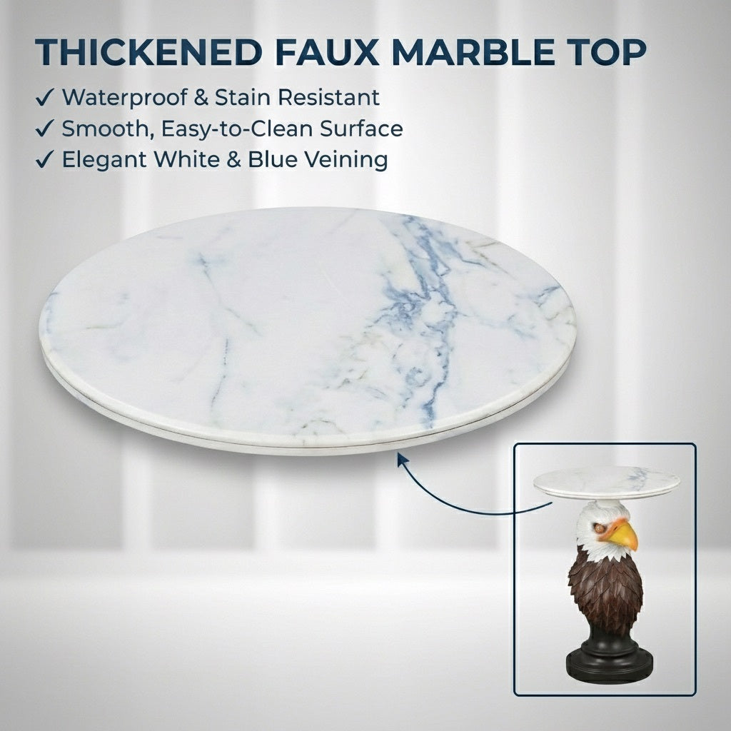 Eagle head accent end table with thick faux marble top, white with blue veining on Tampa Home & Garden Store
