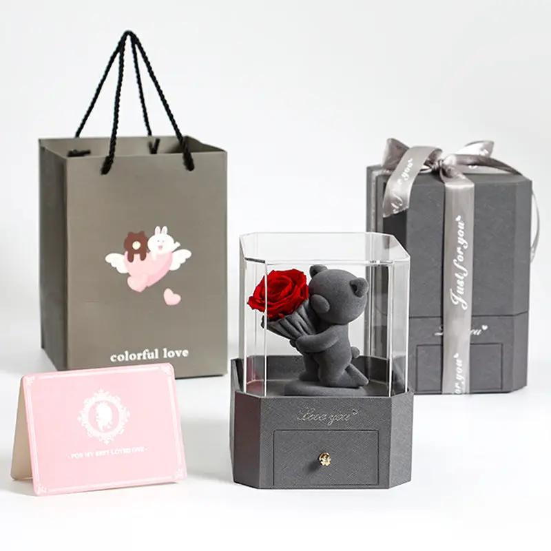 FLIPSTYLEZLLC flocking bear gift box in clear display case with red rose on gray base drawer on Tampa Home & Garden Store