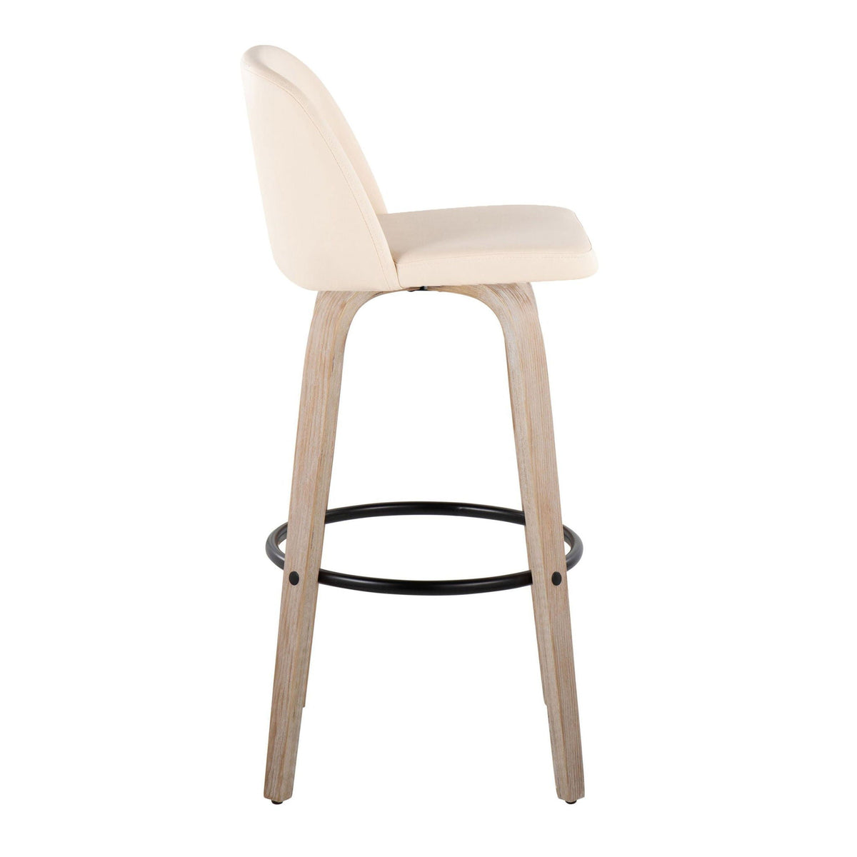 Bar stool, mid-century modern fixed-height, cream upholstery, wood legs, black footring on Tampa Home & Garden Store