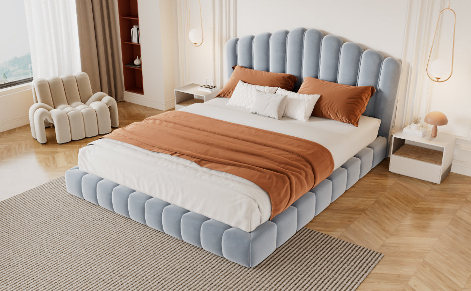 Velvet Upholstered Queen Bed with Shell Headboard