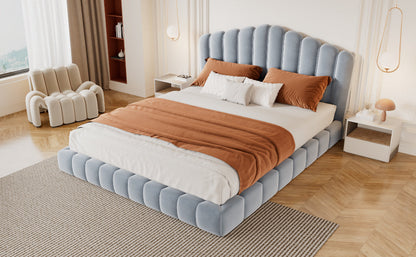 Velvet Upholstered Queen Bed with Shell Headboard