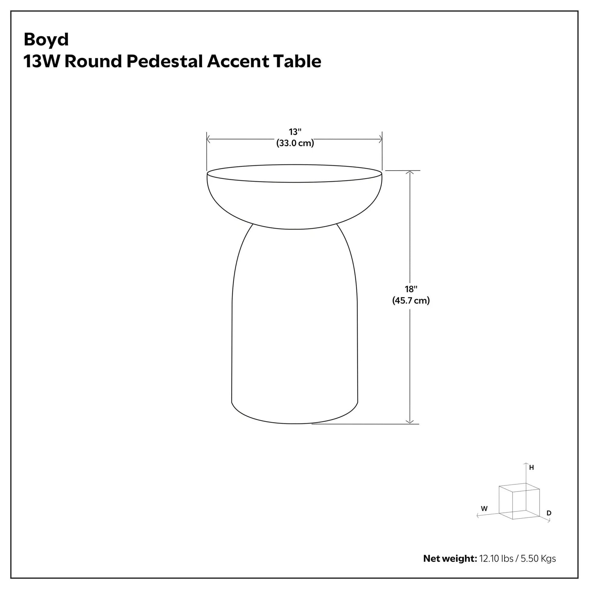 Boyd 13W Round Pedestal Accent Table technical drawing with 13 in diameter and 18 in height on Tampa Home & Garden Store