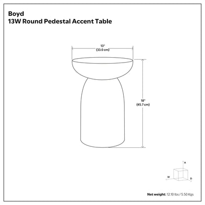 Boyd 13W Round Pedestal Accent Table technical drawing with 13 in diameter and 18 in height on Tampa Home & Garden Store