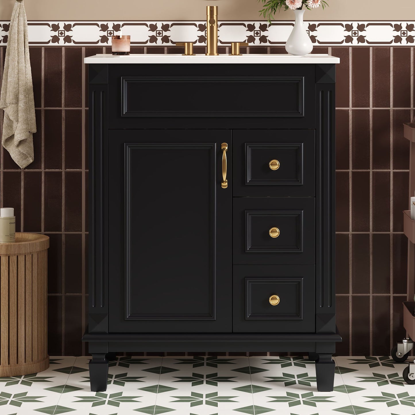 Black compact bathroom vanity with sink, brass hardware, 2 drawers, adjustable shelf on Tampa Home & Garden Store
