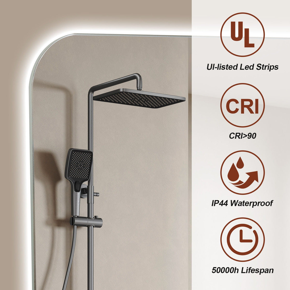 Wall Mounted LED Lighting Mirror with 3-Color Dimmable Light, silver finish in a bathroom on Tampa Home & Garden Store