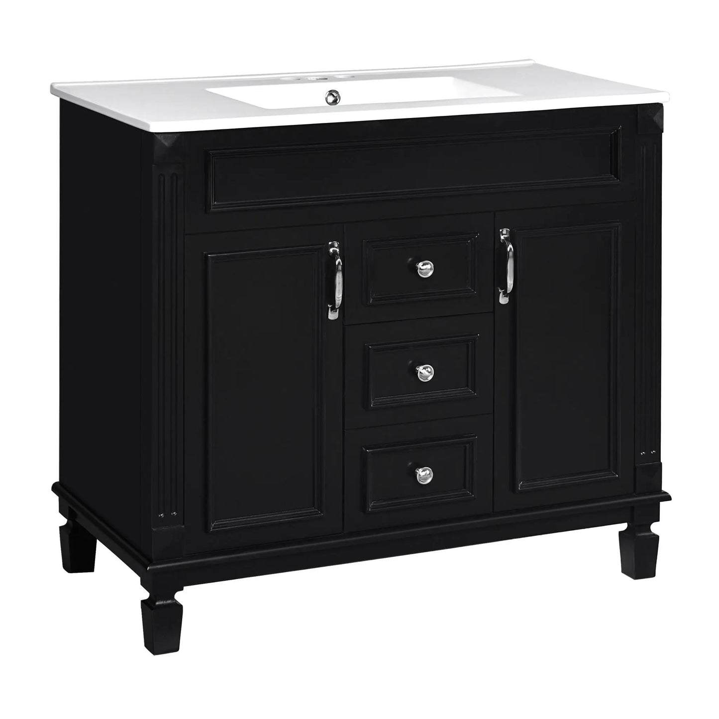 Bathroom vanity with white top sink on black cabinet, 2 doors and 2 drawers, chrome hardware on Tampa Home & Garden Store