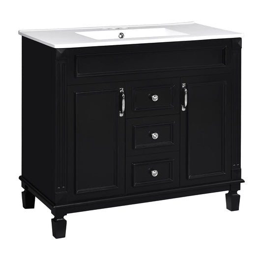 Bathroom vanity with white top sink on black cabinet, 2 doors and 2 drawers, chrome hardware on Tampa Home & Garden Store